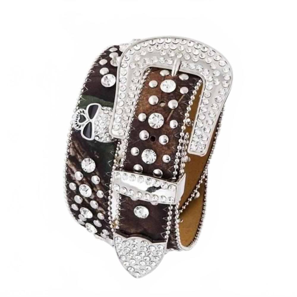 NEW LA JEWELRY PLAZA women's rhinestone skull camo belt in brown